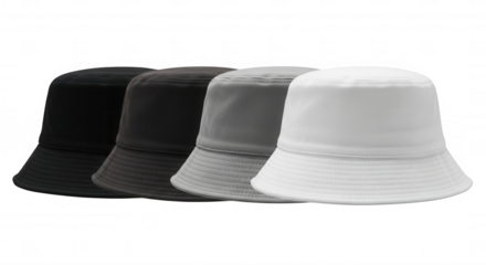 Four bucket hats in gradient shades isolated on a transparent background