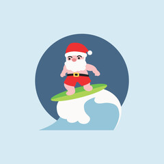 Funny flat vector illustration of Santa Claus wearing a hat and shorts, surfing a large wave on a bright green surfboard. Perfect for a tropical Christmas