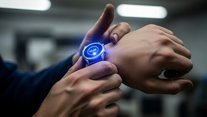A person checks their wrist-worn, digital device with blue illumination and glowing display