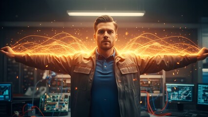 A man spreads his arms with glowing energy, likely in a technology or science environment