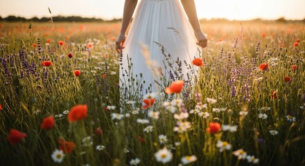 Romantic wedding dress in flower field at sunset bride in nature summer countryside meadow poppy flowers