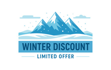 winter discount text banner with mountains, winteк holidays sale, flat vector illustration iolated