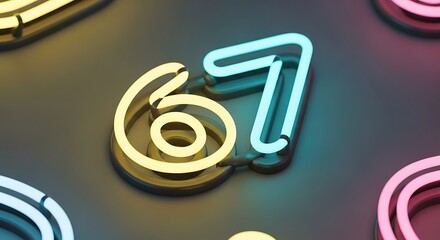 Colorful neon sign of the number sixty-seven, 67, on a dark reflective surface