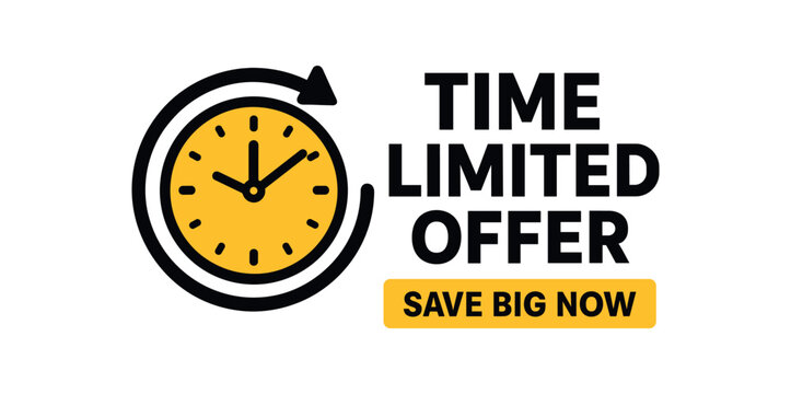 Time limited offer text, banneк with clock, sale symbol, flat vector illustration isolated