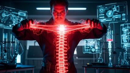 Man in lab coat manipulating glowing energy streams above spine-like structure