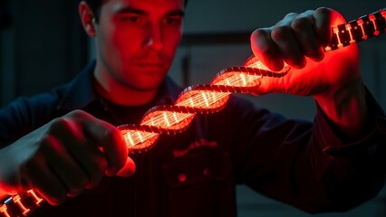 A man examines a futuristic, glowing, twisted coil, lit with red light in a workshop