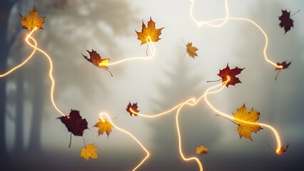Artistic shot of autumn leaves connected by glowing energy lines with a misty forest background