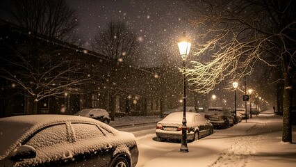 A snowy street scene at night, illuminated by lampposts, cars parked covered in snow