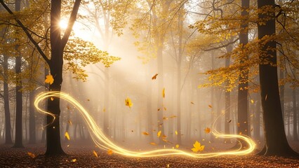 Forest scene in the autumn, with sunlight, mist, and floating yellow leaves