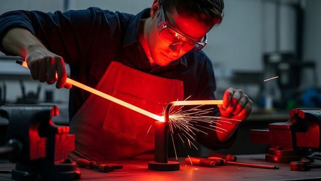 Man in workshop with safety glasses welding metal, sparks flying, red light illuminating - Powered by Adobe
