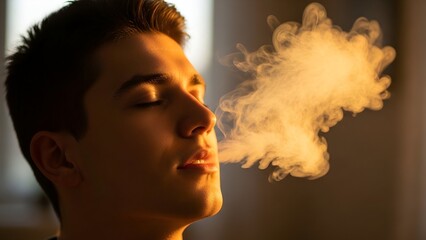 Close-up of a young person exhaling a cloud of vapor into warm, diffused light