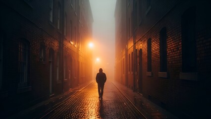 Silhouetted figure walking down a fog-filled, narrow brick alley under warm street lights