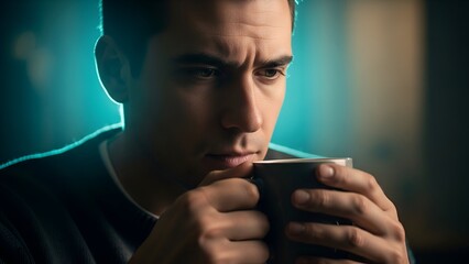 A close-up portrait of a thoughtful man holding a mug, teal and warm tones