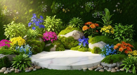 Fototapeta premium Beautiful garden landscape with flowers and marble podium for product presentation