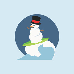 Funny flat vector illustration of a cheerful snowman wearing a top hat and riding a large ocean wave on a green surfboard. Ideal for tropical Christmas designs