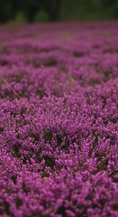 Fototapeta premium Delicate purple heather blossoms form a vibrant, textured carpet, evoking tranquility and natural beauty in a wild landscape ,summer ,violet ,heather