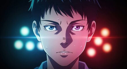 Focused Athlete: A determined young athlete stares intently, capturing the spirit of competition and the power of concentration. Set against a backdrop of vibrant lights