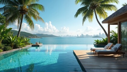 Fototapeta premium Luxury infinity pool overlooks ocean bay with distant city skyline. Palm trees frame tranquil waters and modern villa terrace with loungers. Serene tropical paradise vacation retreat.