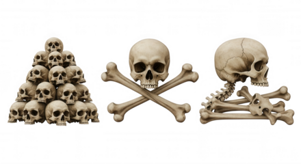 Skulls bones pyramid cross pile isolated on a transparent background