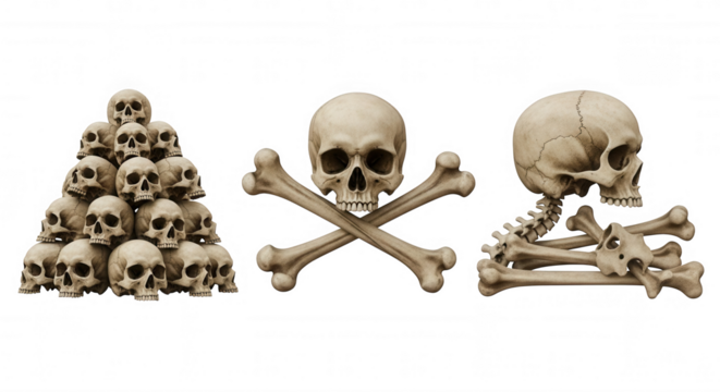 Skulls bones pyramid cross pile isolated on a transparent background