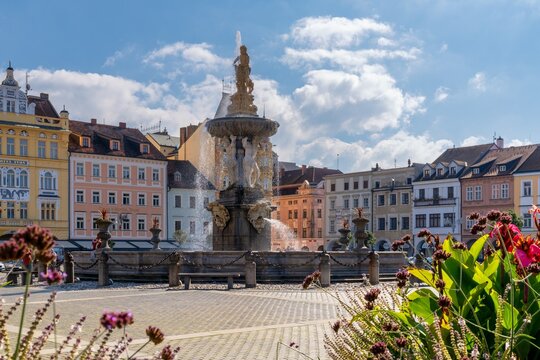 view of the Ottokar II Square with the Samson Fountain in the heart of Ceske Budejovice
