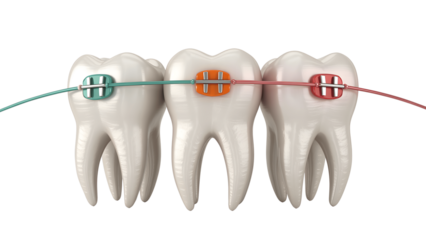 Teeth with colorful braces isolated on transparent background