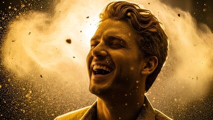 A smiling man engulfed in a golden cloud. Backlit portrait depicts joy and happiness