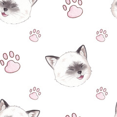 Seamless pattern with a cute cat and paws isolated on white background. Hand drawn watercolor illustration