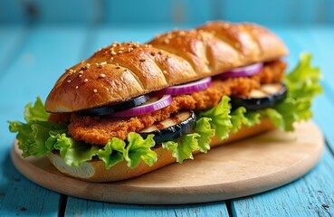 Large challah sandwich stuffed with fried chicken eggplant onion and lettuce. Served on a wooden board on a blue table. A tasty lunch or dinner.