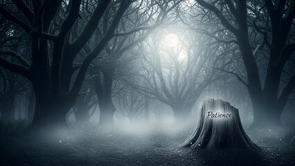 Spooky misty forest scene, moonlight illuminates old tree stump with "Patience" etched
