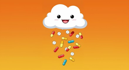 Fototapeta premium Cloud of Remedies: A whimsical cloud showers a collection of colorful pills, illustrating health and medicine concepts with a playful touch, offering a cheerful perspective.