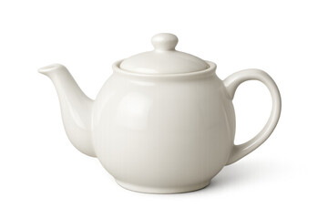 White porcelain teapot brewing hot beverage, serving tea ritual, kitchenware preparing morning drink, transparent background
