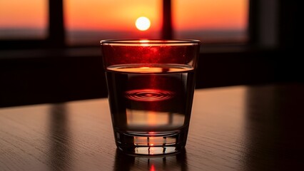 A glass of water sits on a wooden surface, with a sunset through a window in the background