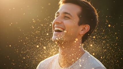 A smiling man, bathed in sunlight, with particles floating around him
