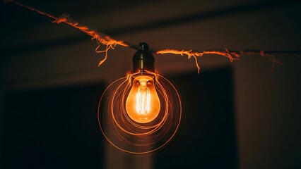 Close-up of a decorative glowing bulb. Circular light effect, soft focus, hanging in a dark space