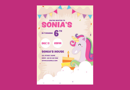 Editable Birthday Party Invitation Template with Unicorn and Cake.