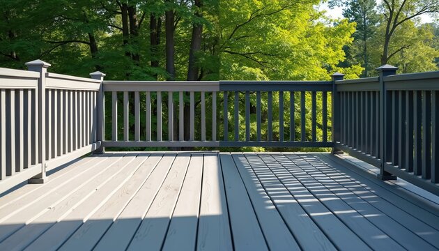 Outdoor deck displays before and after staining. Wood shows light stain and darker stain. Freshly stained boards contrast with old ones. Yard has green trees and sunlight creates long shadow.