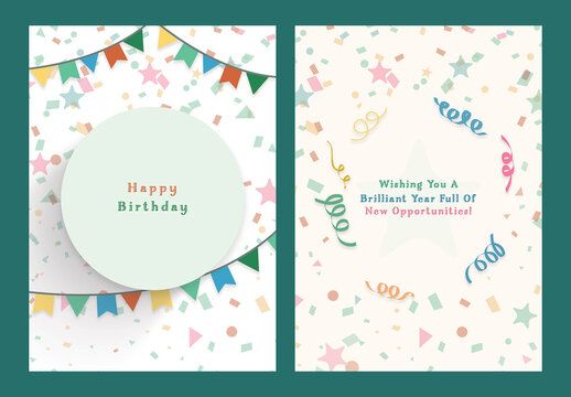 Editable Happy Birthday Greeting Card Templates with Double-Side and Wish Message & Confetti Decorations. 