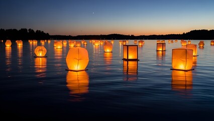Glowing paper lanterns floating on a lake at dusk, creating a magical and serene atmosphere
