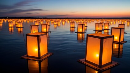 Illuminated lanterns drift peacefully on water at dusk, casting a warm glow