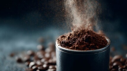 Close up view of fine coffee powder being sprinkled from a dark container with blurred coffee beans in the background suggesting freshness and aroma