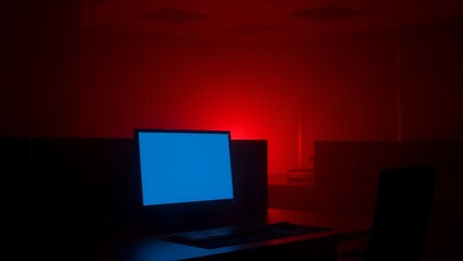 A dimly lit office space illuminated by a red glow, featuring a lit computer screen