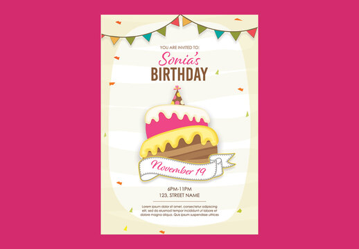 Editable Birthday Party Invitation Template with Colorful Cake Illustration and Event Details.