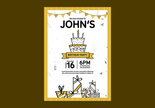 Editable Birthday Party Invitation Poster Template with Cake and Gift Boxes.
