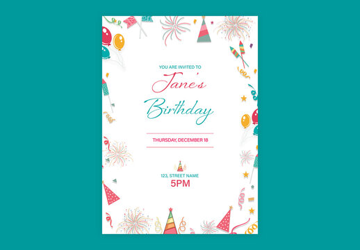 Editable Birthday Party Invitation Template with Colorful  Party Elements.
