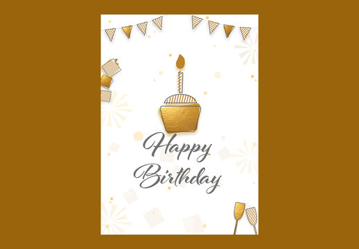Editable Happy Birthday Greeting Card Template in White and Golden Theme.