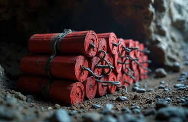 Fototapeta premium Red dynamite sticks bundled together with wires sit on rough ground in a dark cave. Explosives are prepared for a mining blast. Safety precautions are crucial for this dangerous industrial work.