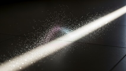 Dramatic light beam illuminates tiny particles, creating a dazzling display of light and shadow on a dark surface