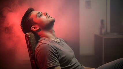 Man sits in chair, head tilted back, face lit by red light and surrounded by smoke