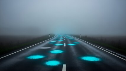 A road stretches into fog with glowing blue markers, atmospheric perspective, muted colors